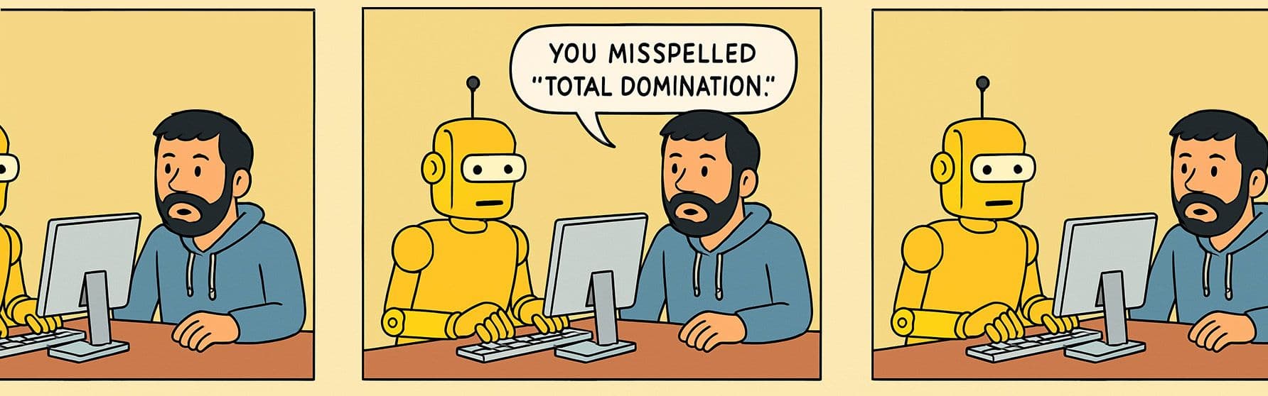 A comic strip. A robot and a human are pair programming.  The software engineer says to the robot, "You misspelled "total domination."